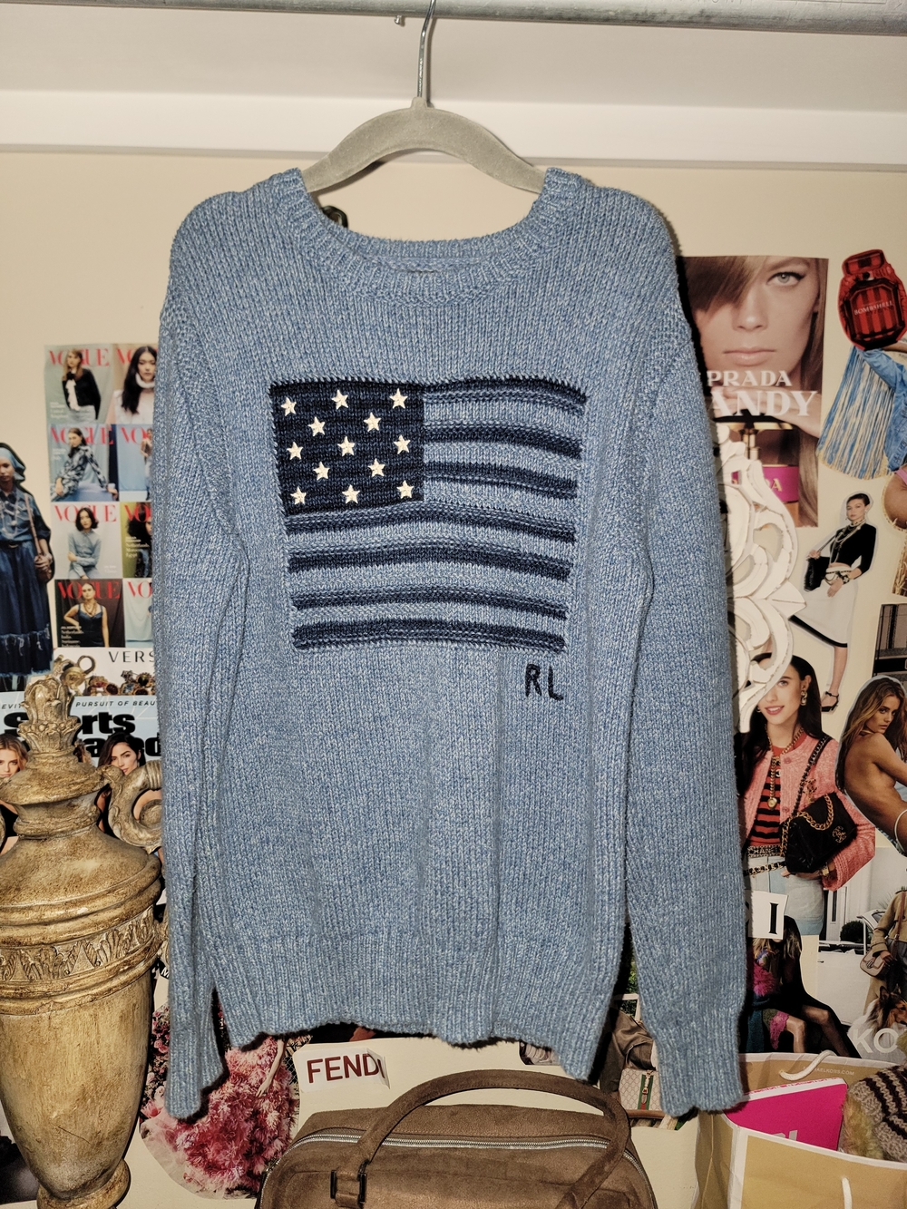 Rare Youth Baby Blue American Flag Polo Ralph Lauren Sweater (M-8)